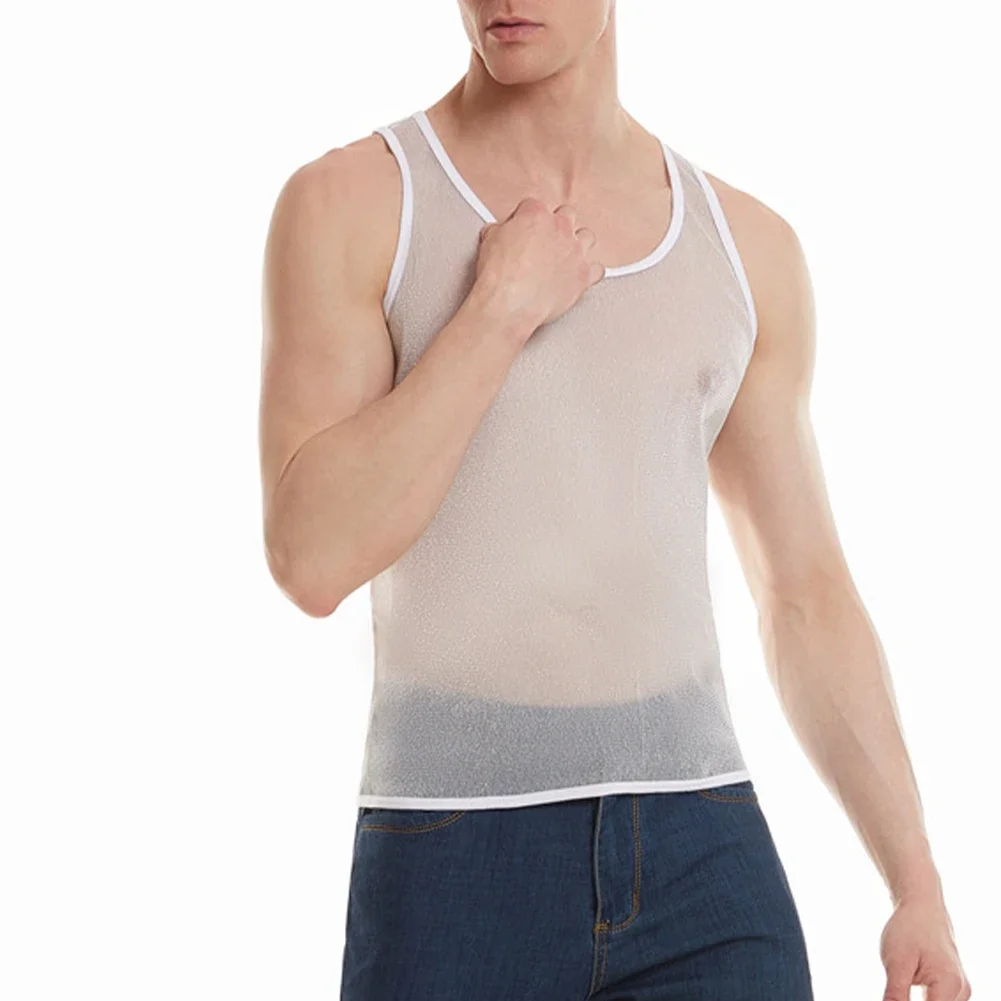 Mesh Workout Shirt For Men See Through Shine Design Fitness Tank Vest Enhances Muscle Crop Top Look Sleeveless And Round Neck