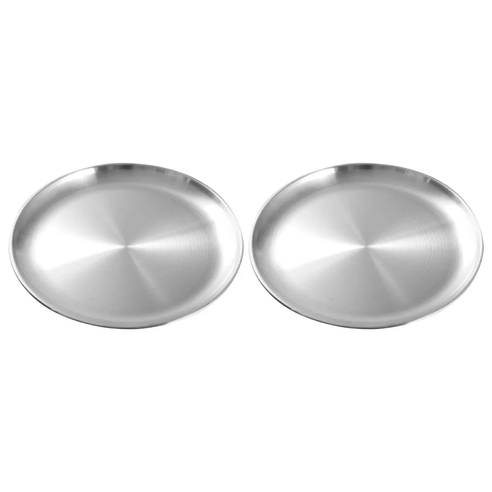 

2pcs Stainless Round Trays Food Roast Meat Plate Plates BBQ Roast Meat Cake Dessert Fruit Tray Decorative Practical