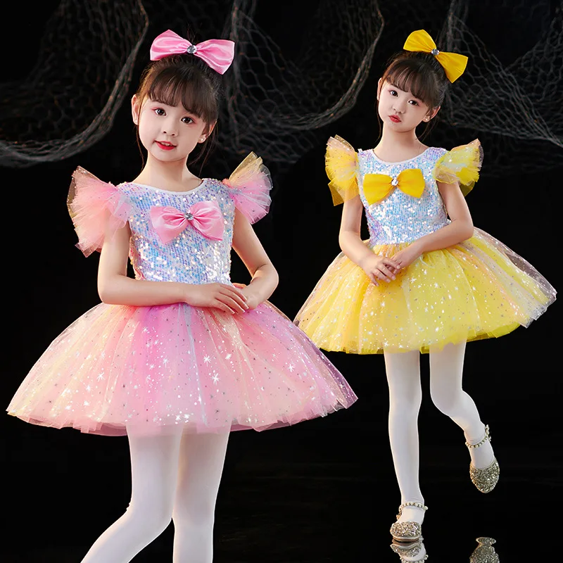 Colorful Glitter Mesh Girls Ballerina Dress Fly Sleeve Bow Accent Mini Skirt for Stage Recital Wedding Flower Costume