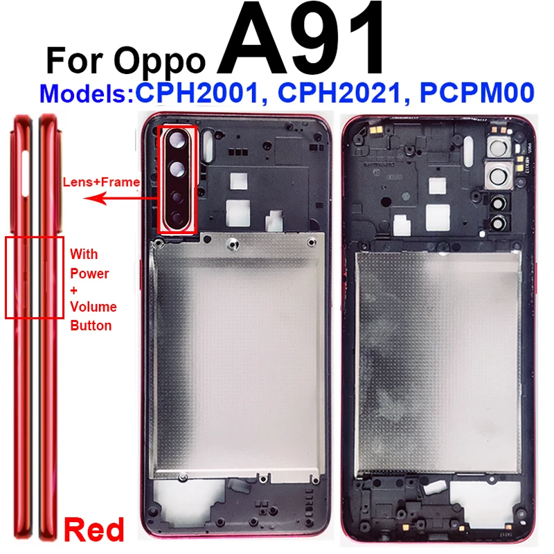 For OPPO A91 4G Middle Housing Middle Frame Bezel Cover with Side Button Camera Lens Frame Parts