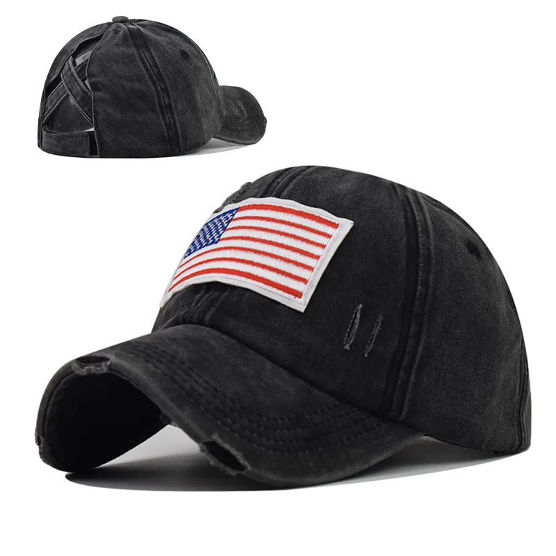 

Washed National Flag Cross Ponytail Trendy Curved Brim Independence Day Baseball Cap