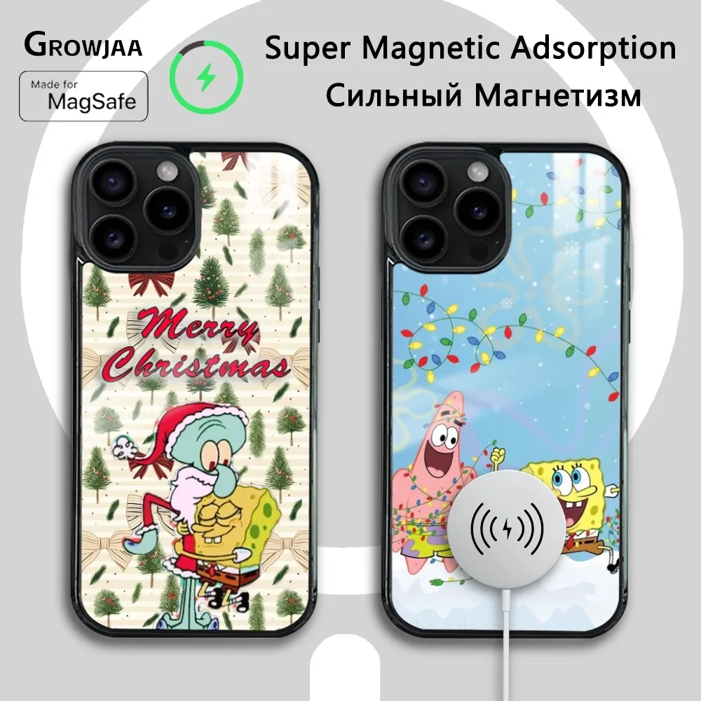 Christmas S-SpongeBobS Phone Case For IPhone 16 15 14 13 12 11 Pro Max Plus Mini Magsafe Mirror Wireless Magnetic Cover