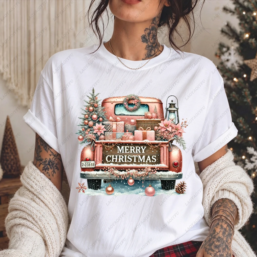 Rose Gold Vintage Pickup Truck Christmas Poinsettia Graphic Women Casual Short Sleeve T-Shirt Retro Holiday Festive Shirt