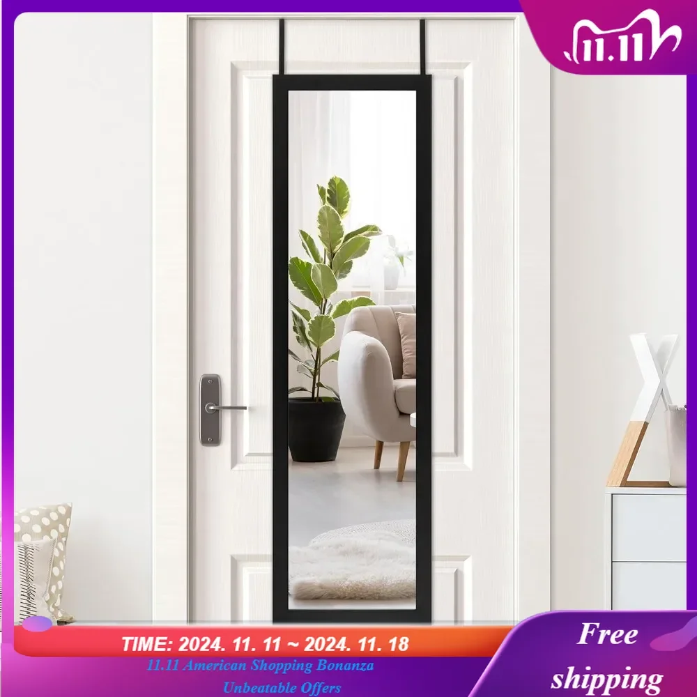 

15x51 Black Over The Door Mirror - Full Length, or Dorm Room - Long Full Body Mirror with Hanger and Shatter-Resistant Glass