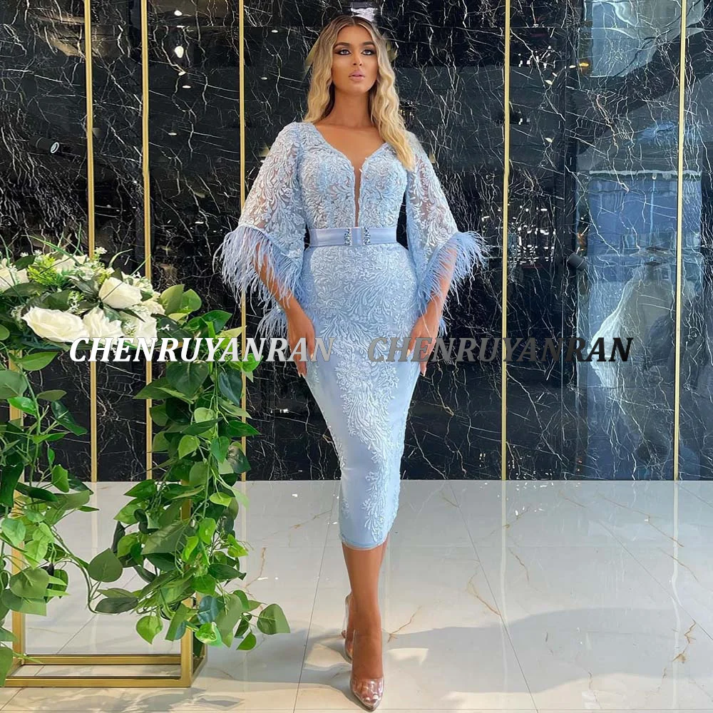 Customized Light Blue Formal Party Dresses V-Neck Feather Sexy Prom Gown Women Knee Length 3/4 Sleeves Mermaid Evening Dress