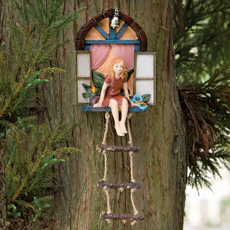 

Fairy House Tree Hanging Sculpture Window Fairy Ladder Resin Statue Figurine Outdoor Ornament For Home Garden Yard Art Decor