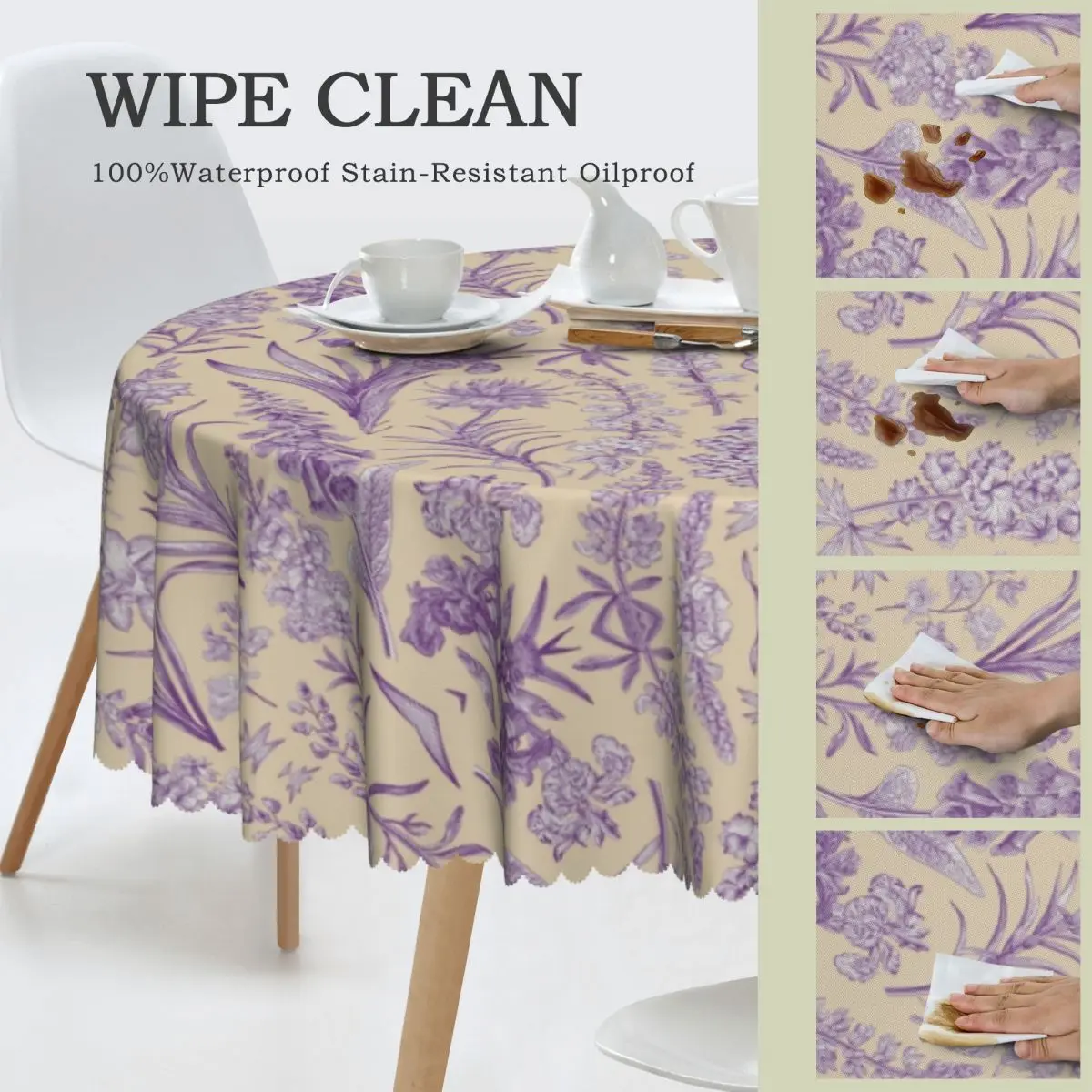 Custom Purple Flower Toile De Jouy Tablecloth Round Oilproof Floral Inspired Pattern Table Cloth Cover for Banquet 60 inches image 3