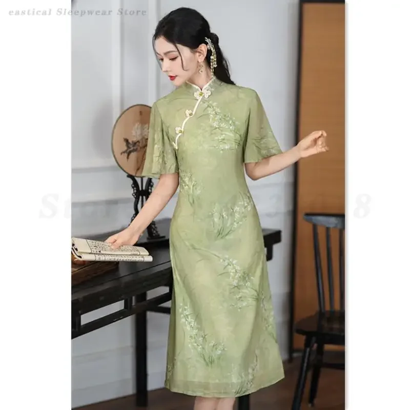 

Young Style Ao Dai Cheongsam Plus Size 3XL Qipao Chinese Traditional Mandarin Collar Vestidos Dress Green Elegant Gentle Gown