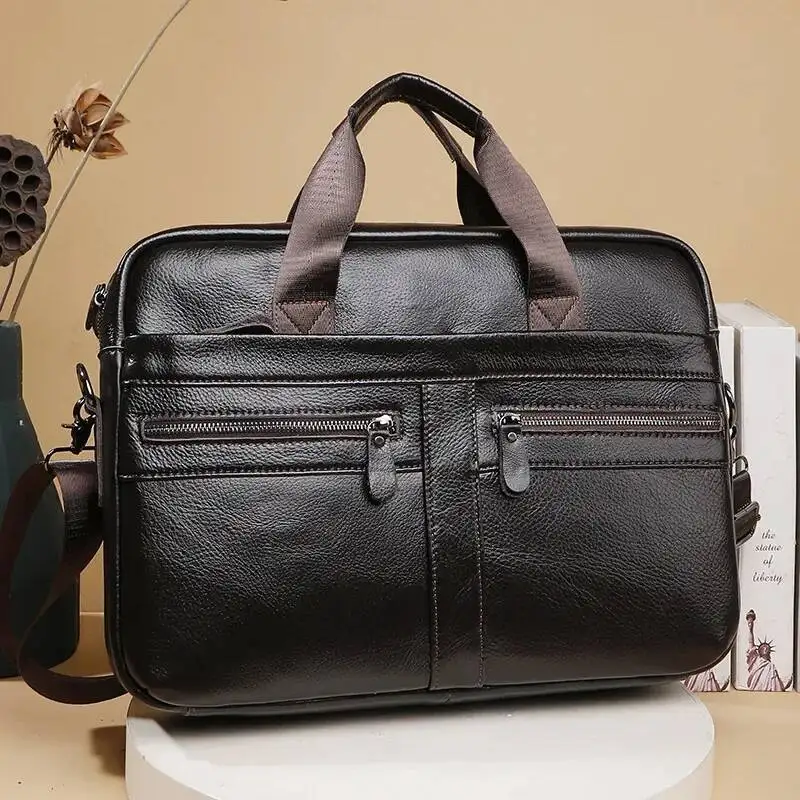 Borsa a mano in vera pelle Strato superiore in pelle bovina Valigetta da lavoro impermeabile Documento per riunioni di grande capacità Borsa per computer da 15 pollici