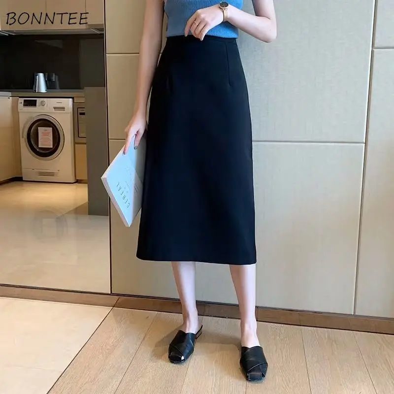 

Skirts Women Vintage 3 Colors Summer Mid-calf Back-slit Empire Trendy All-match Fashion Y2k Streetwear French Mujer College Soft