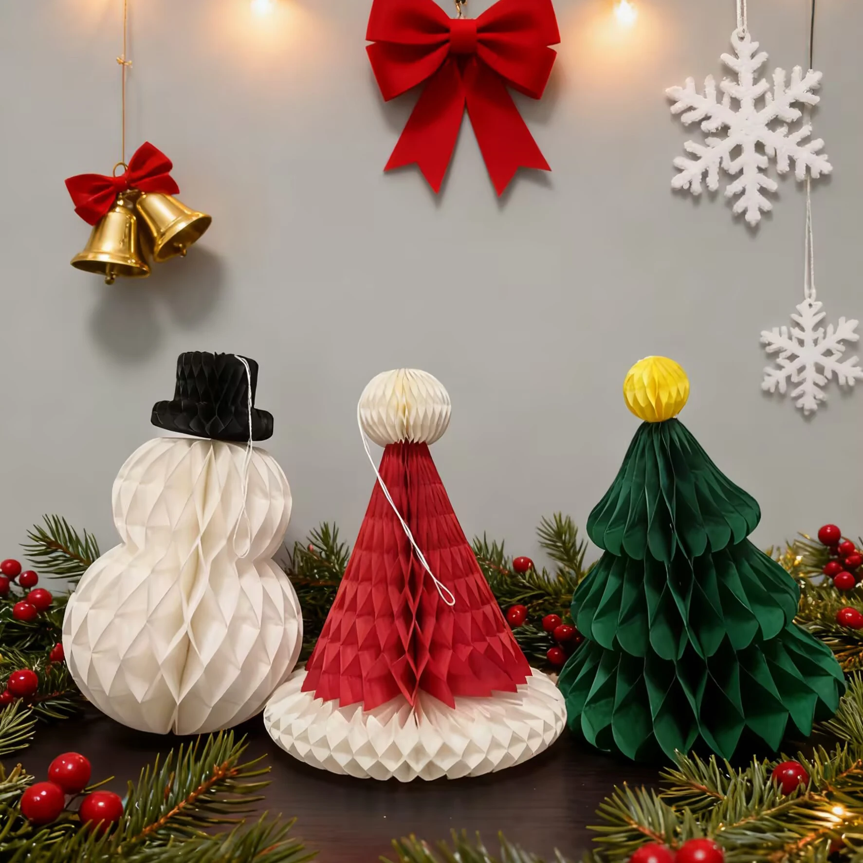 3 TEILE/SATZ Hängende Weihnachtsdekoration Weihnachtsmütze + Schneemann + Weihnachtsbaum Wabenornamente für Party Tischdekoration