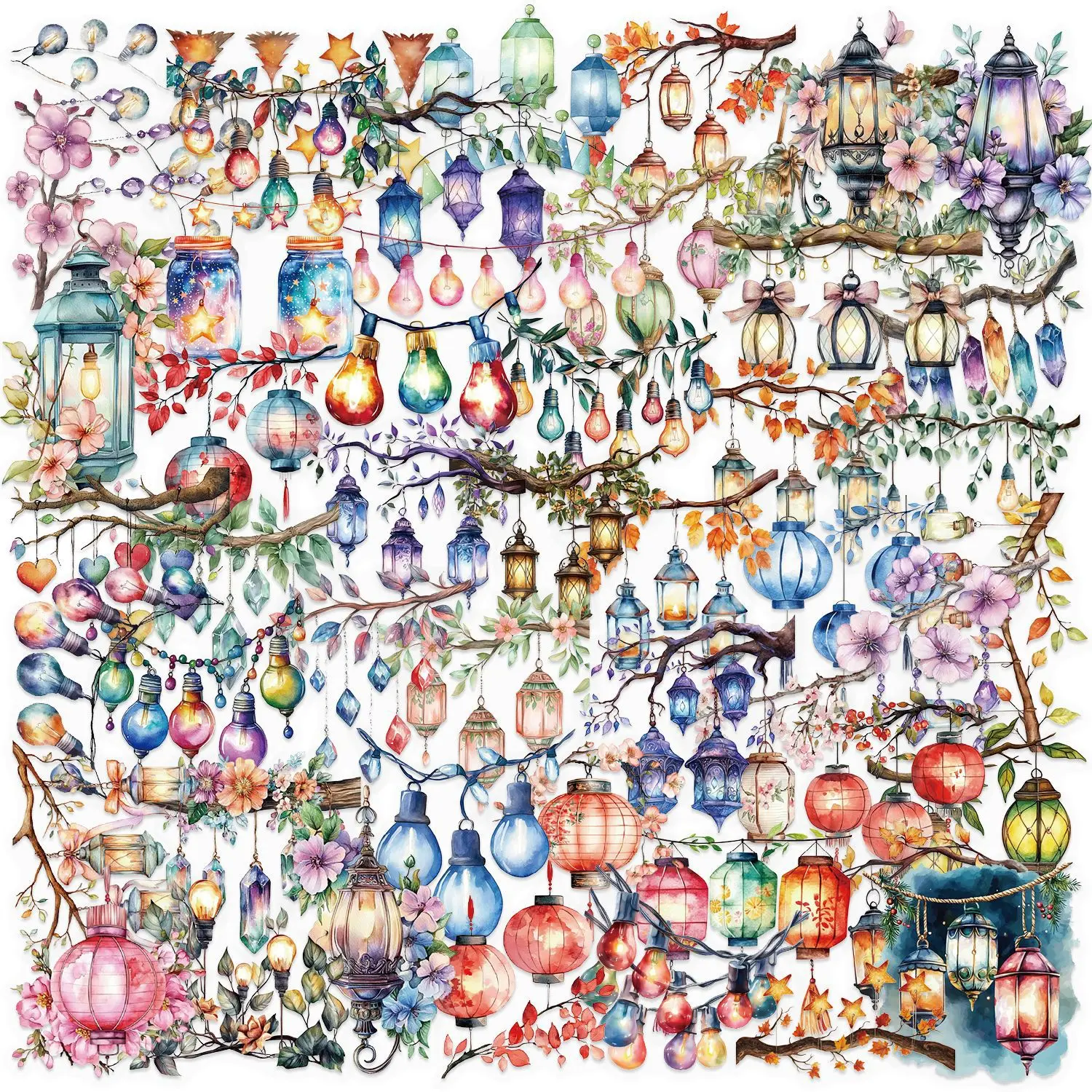 

10/30/50PCS Vibrant Lantern Bulb PET Decorative Graffiti Stickers for Water Cup Phone Computer Notebook Stationery Luggage