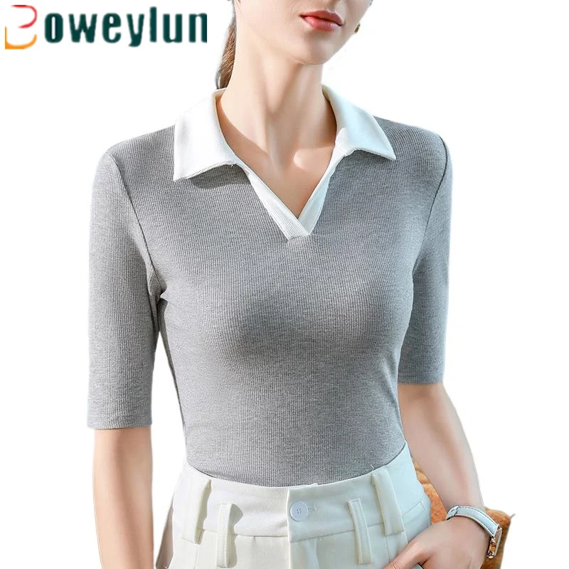 

Boweylun Five-quarter Sleeve Polo Neck T-shirt Women Summer Lapel Mid-sleeve Color Clashing Tops Female