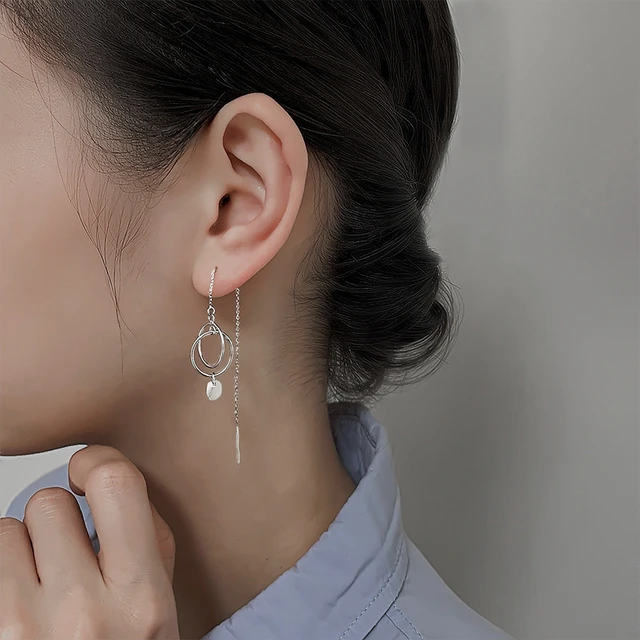 Double Dyedo Pierced women s Silver Color Geometric Double Ring Dangle Earrings Hiphop Jewelry