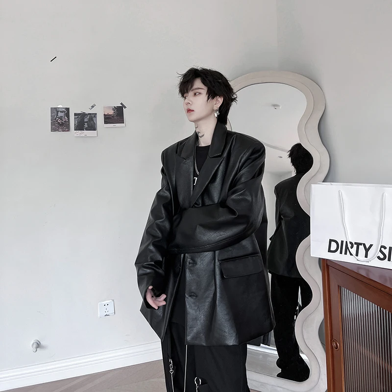 

k Sle Men's Loose oulder Pad PU Leather Jaet Hip Hop Streetwear Trendy Casual Suit Outerwear Faionable Nerd Coat