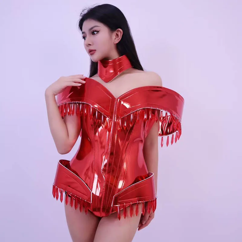 

Drag Queen Outfit Red Armor Bodysuit Futuristic Performance Wear Christmas Party Show Rave Clothes Gogo Carnival Costumes yj636