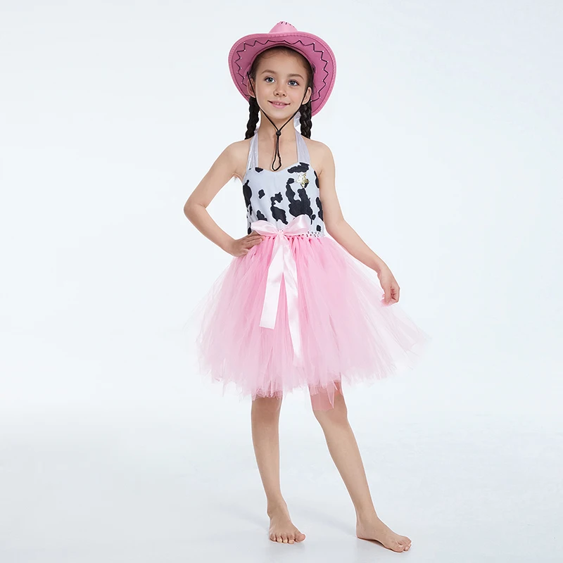 Girls Wild West Cowgirl Costume Set with Cow Pattern Sleeveless Tulle Tutu Dress and Cowgirl Hat for Halloween Party Theme