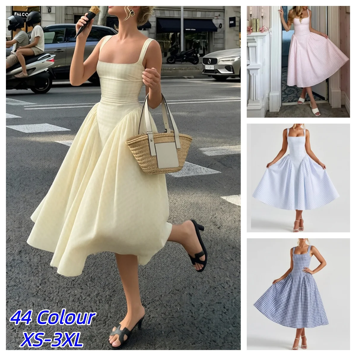 Plaid Printed Spaghetti Strap Sexy A-line Dress Women 2026 Elegant Summer Dress…