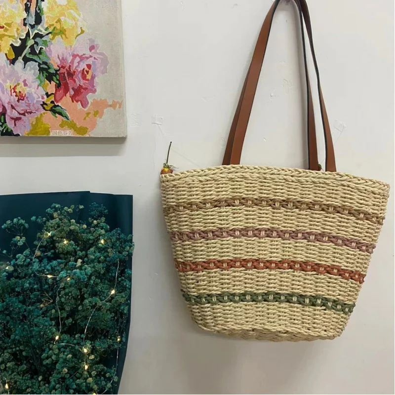 Hand-Woven Korean Style Lazy Style Solid Color Handmade Woven Straw Bag Summer Beach Mori Style Portable Shoulder Bag Women