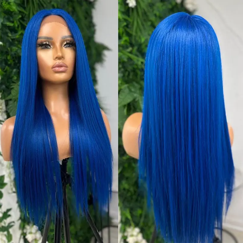 

Dark Blue Long Straight Synthetic 13x4 Lace Front Wigs High Quality Heat Resistant Fiber Hair Middle Parting For Fashion Women