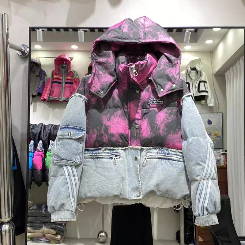 Winter Denim Gespleißt Abnehmbare Kapuze Kurze Unten Jacke Weibliche Dicke Warme Parka Outwears Frauen Weiße Ente Unten Patchwork Jacken