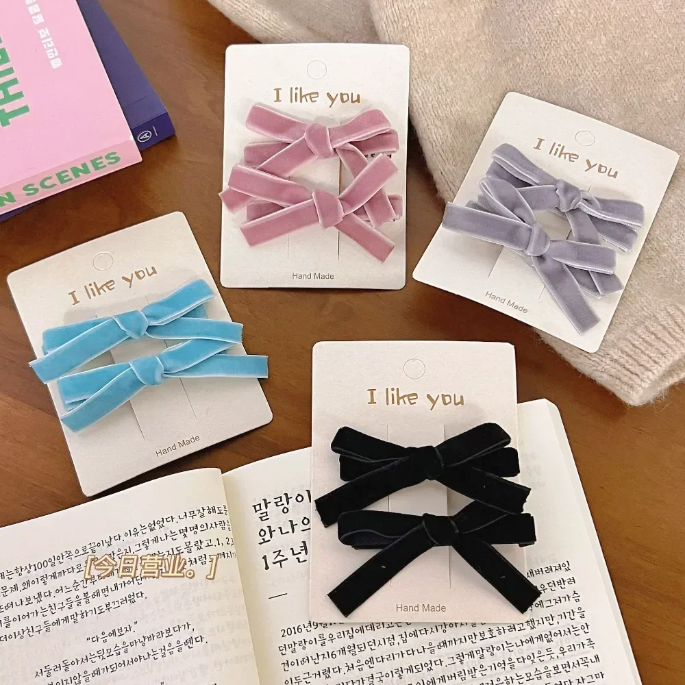 

2PC Korean Style Velvet Bow Hairpin Set Solid Color Simple Hairgrip for Girls & Women Vintage Hair Clips Accessory