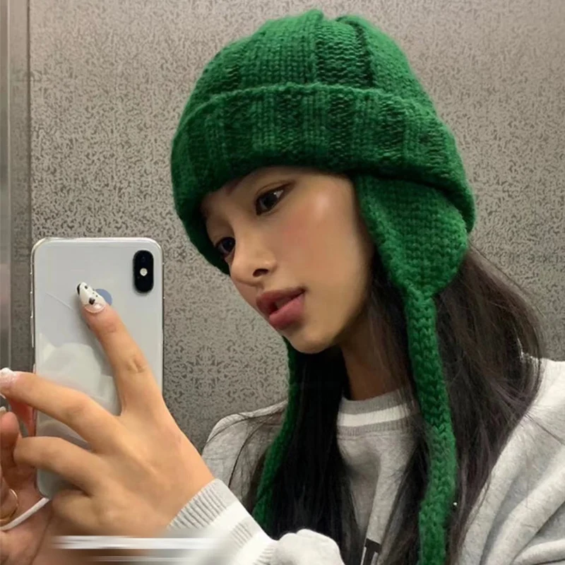 2023 Korea Ins Long Tied Rope Beanies Hat with Earflaps Japanese Outdoor Warm Winter Hat for Women Streetwear Party Funny Hat