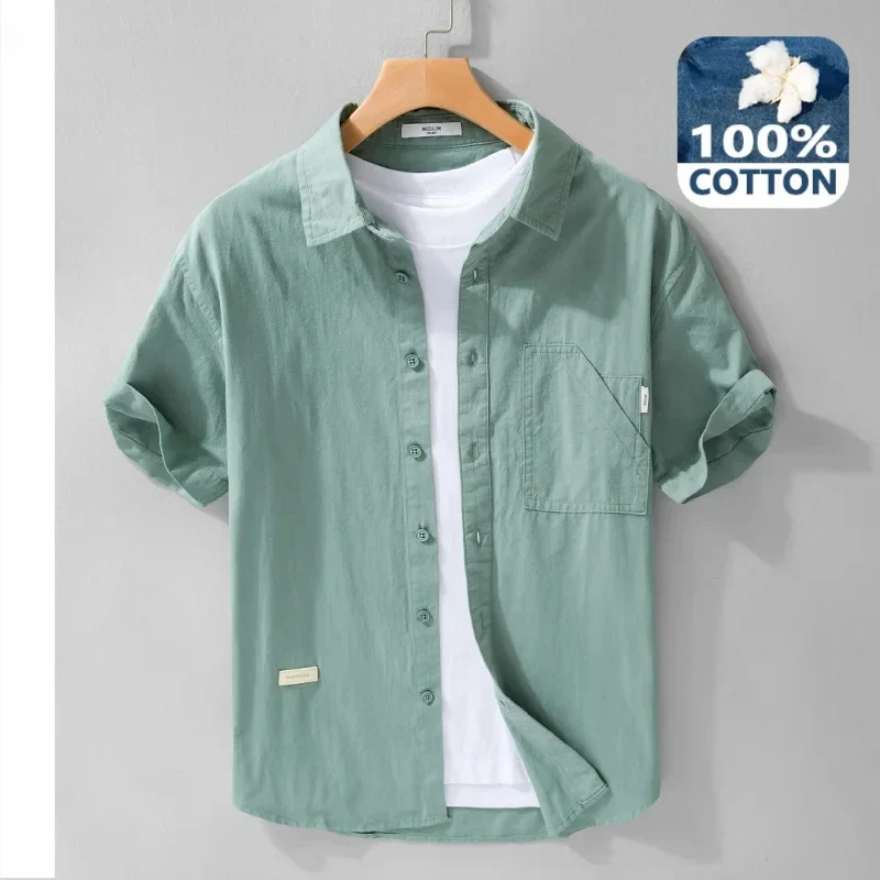 

2024 Summer New Casual Fresh Pure Cotton Short Sleeve Shirts Men Clothing Thin Soft Streetwear FY541