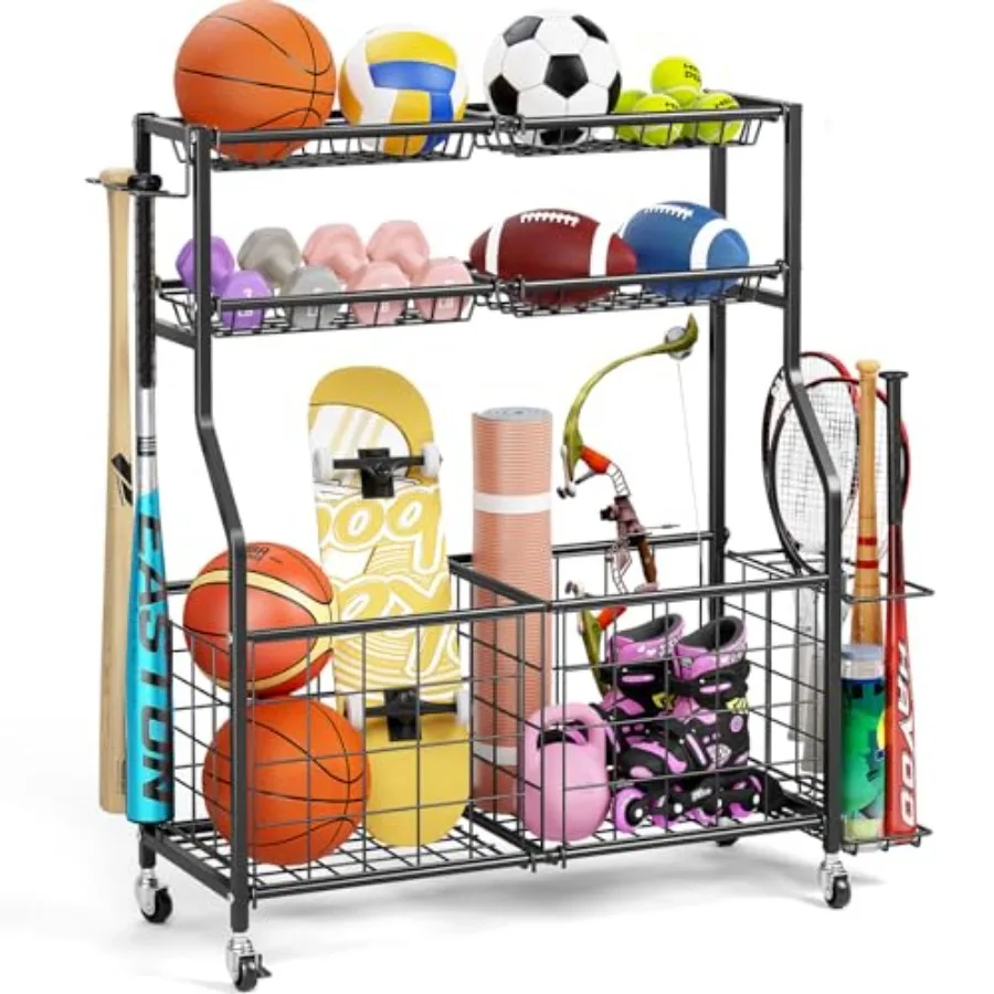 

TOOLF Garage Sports Equipment Organizer with Ball Rack Basket Heavy Duty Workout Storage Cart for Gym Equipment Outdoor Toy Org