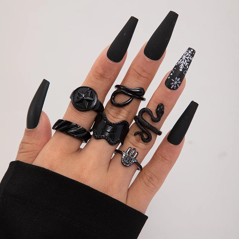 Tocona 10/PCS Classic Black Butterfly Snake Heart Hollow out Ring for Women Geometry Spiral Leaf Combination Ring Set 23619