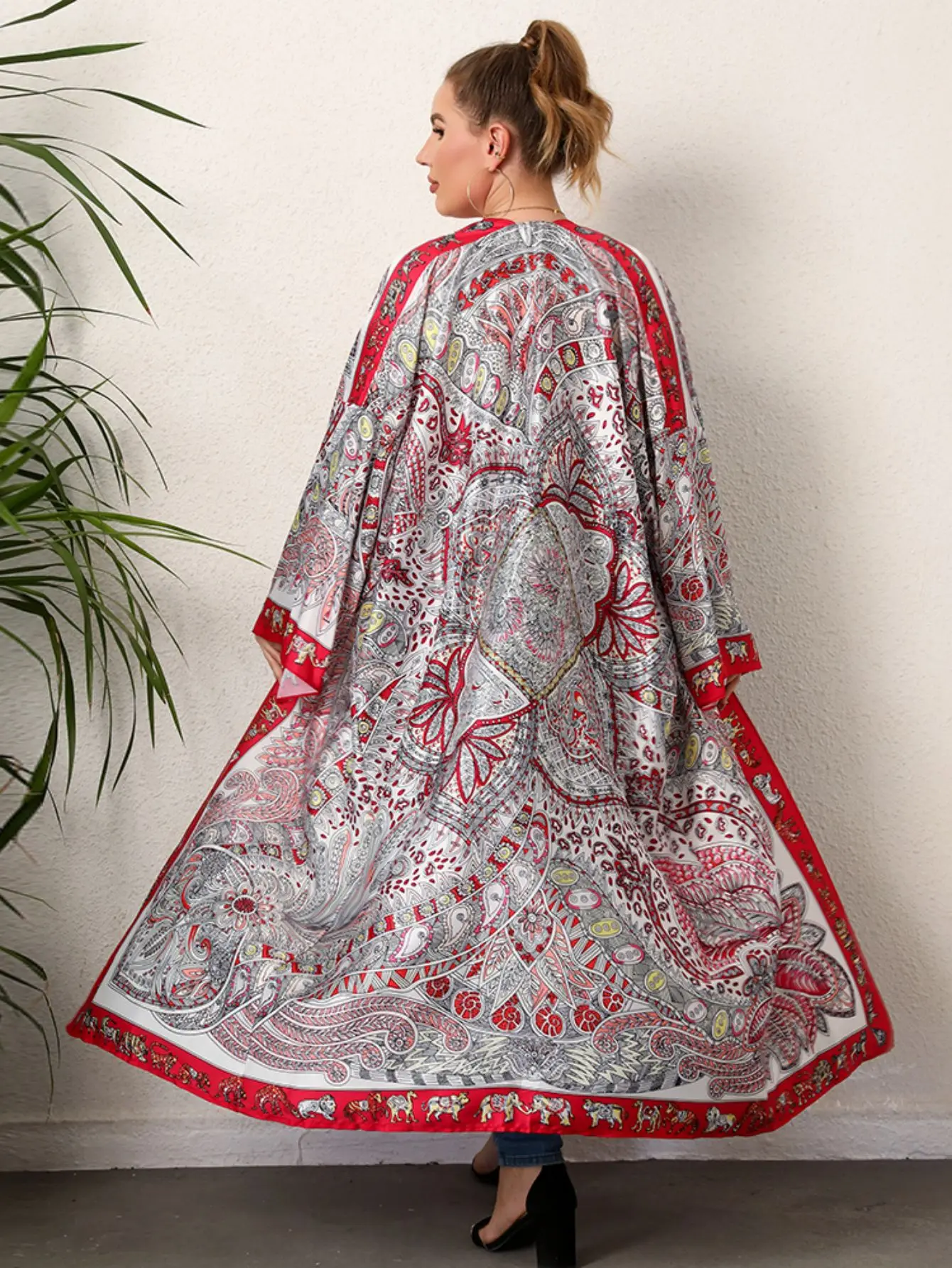 Plus rozmiar Boho Kimono damskie Plus tropikalny nadruk kontrastowe wiązanie z długim rękawem z przodu luźna Kimono plażowe