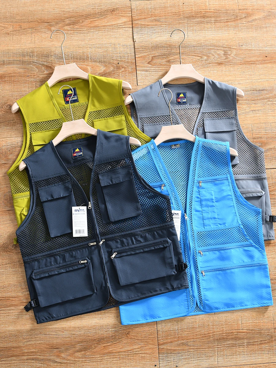 Outdoor Men's Mesh Vest Summer Order Shoulder Pad Hiking Fishing Breathable Lightweight Polyester V-Neck Zipper Pocket Design