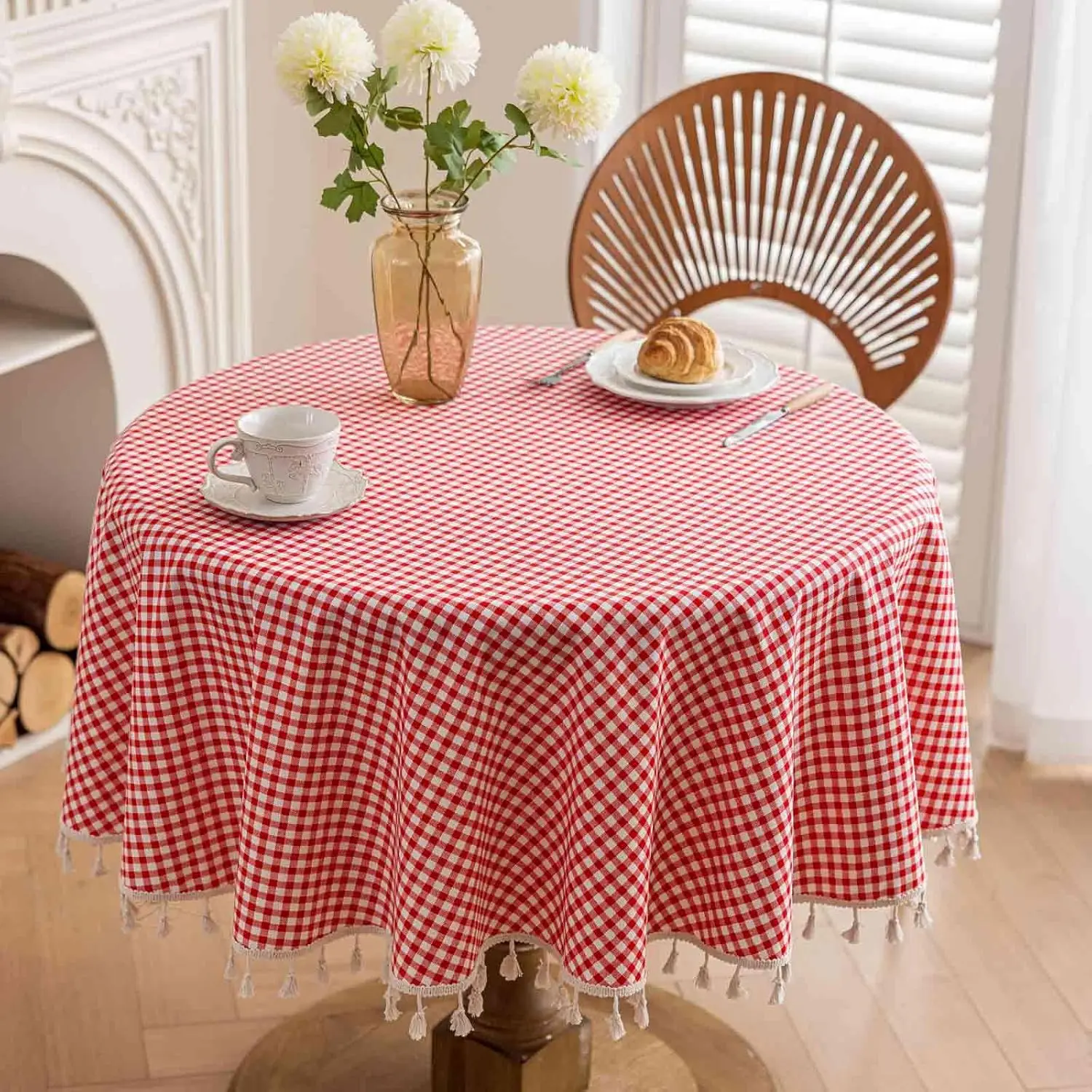 Red Plaid Ruffled Tassel Table Cloth Round Cover, Farmhouse Checker Gingham Vintage for Coffee Tea, Dining Home Table Decor