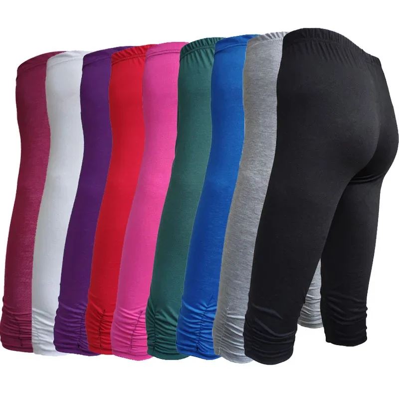 Women Pleated Cropped Leggings Summer Lady High Elastic Waist Fitness Sporty Candy Solid Color Pants GXJCK-S2