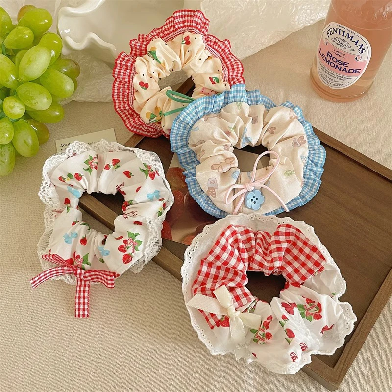 

Cute Cherry Bear Fabric Lace Edge Hairband Female Bow Large Intestine Hairband High Elasticity Female Hairstring Hair Accessory