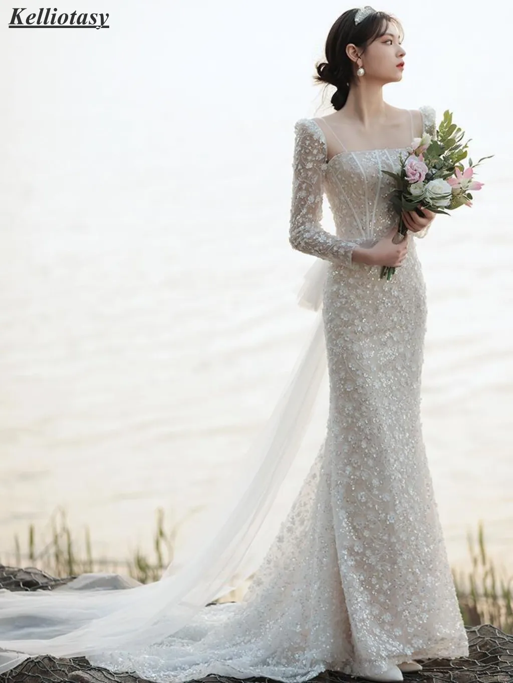 Custom Made ทรัมเป็ตชุดแต่งงาน Elegant Lace Mermaid ชุดเจ้าสาวแขนยาว MBYD033