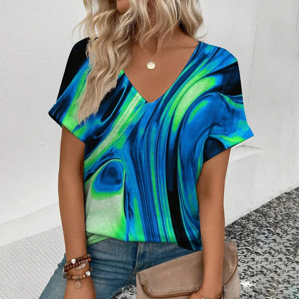 Kolorowe Tie-Dye damskie koszulki z nieregularnym olejnym malowanym odzież damska z krótkim rękawem t-shirty Oversize dekoltem w szpic