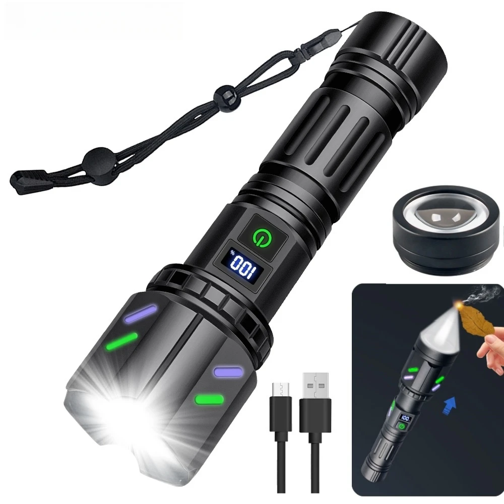

High Power White Laser LED Flashlight 18650 26650 Battery Type-C Strong Light Tactical Torch Outdoor Camping with Ignition Lens