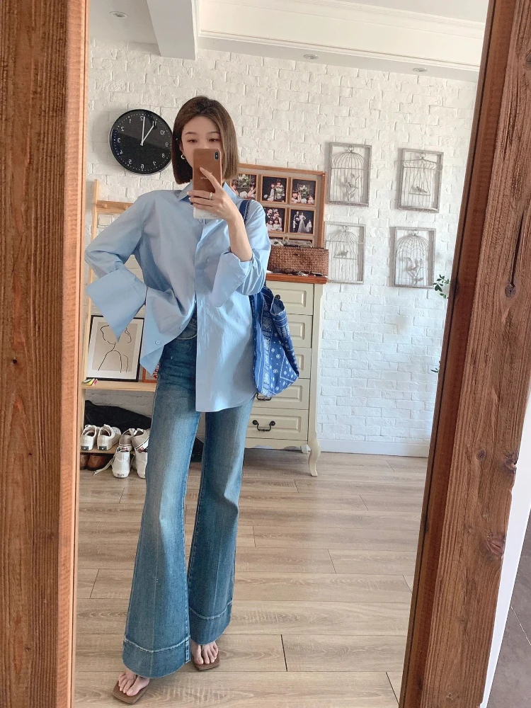 

Американские ретро-джинсы с высокой талией и расклешенными штанинами для женщин, летние, длинные, свободные, в стиле High Street, в пол