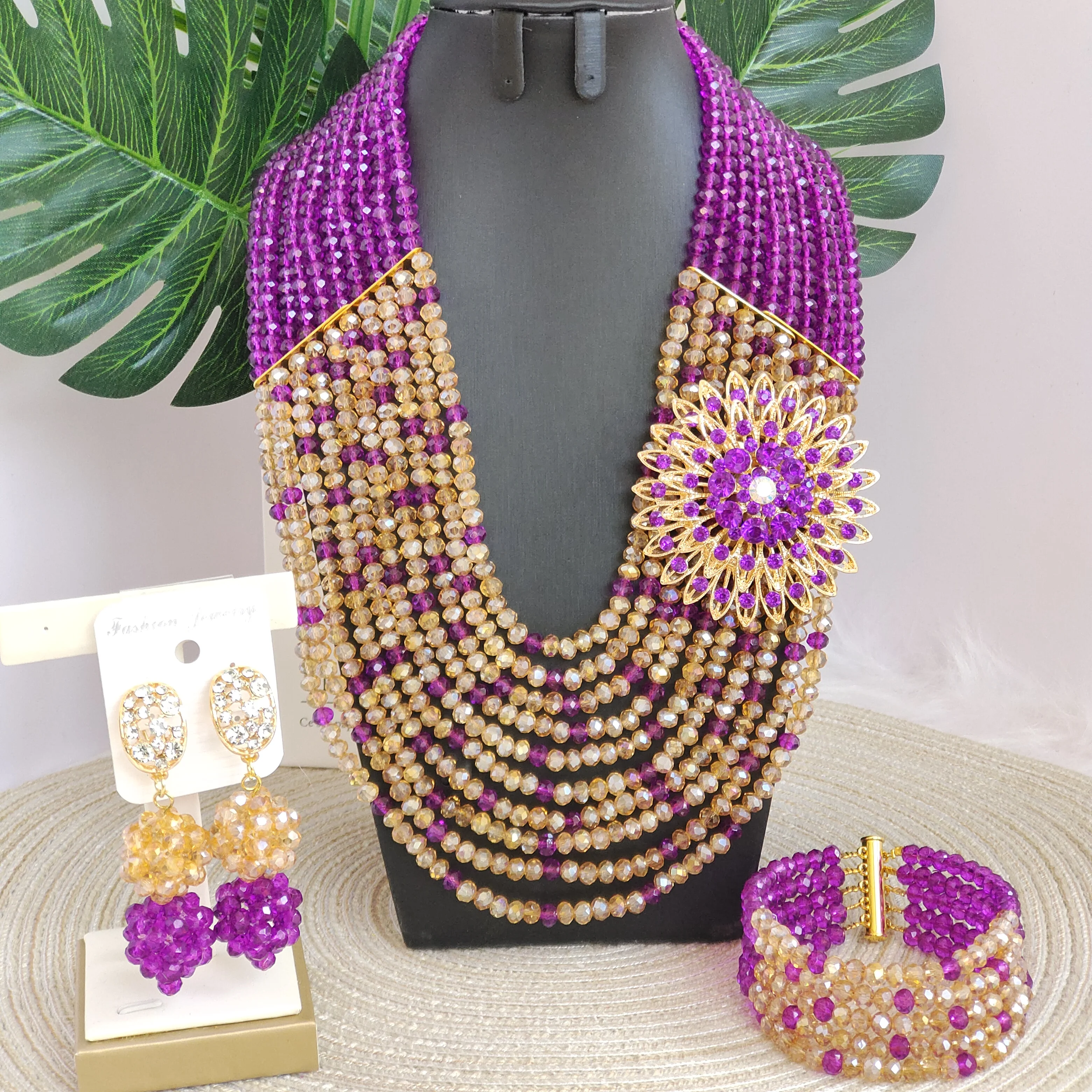 Purple and Champagne Gold African Beads Jewelry Set Crystal