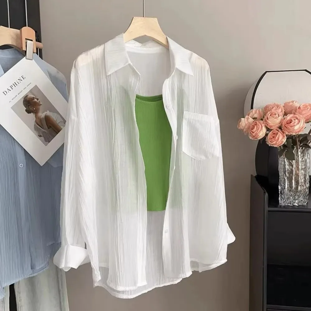 Loose Fit Sunscreen Shirt Long Sleeve Sun-Protective Sun-Proof Blouse Lightweight Sheer Chiffon Breathable Shirt