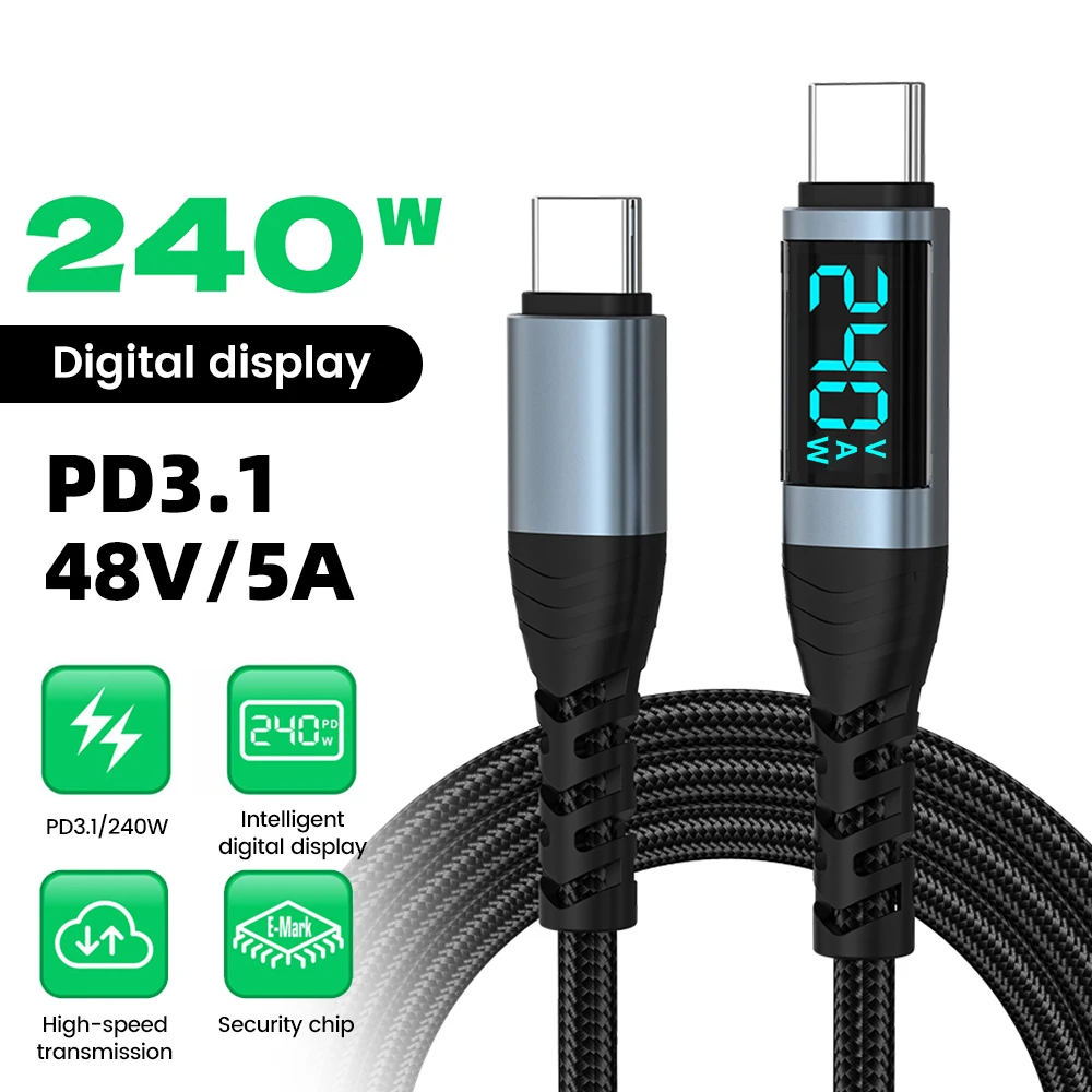 240W Type C to Type C Super Charge Digital Display Cable 0.5m-2m USB C Data Cable For Iphone 15 16 17 Samsung s26 Huawei Xiaomi