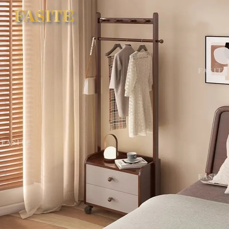 Solid Wood Bedside Table with Coat Rack Integrated Storage Drawer Floor Standing Hanger for Bedroom Indoor Home Organization