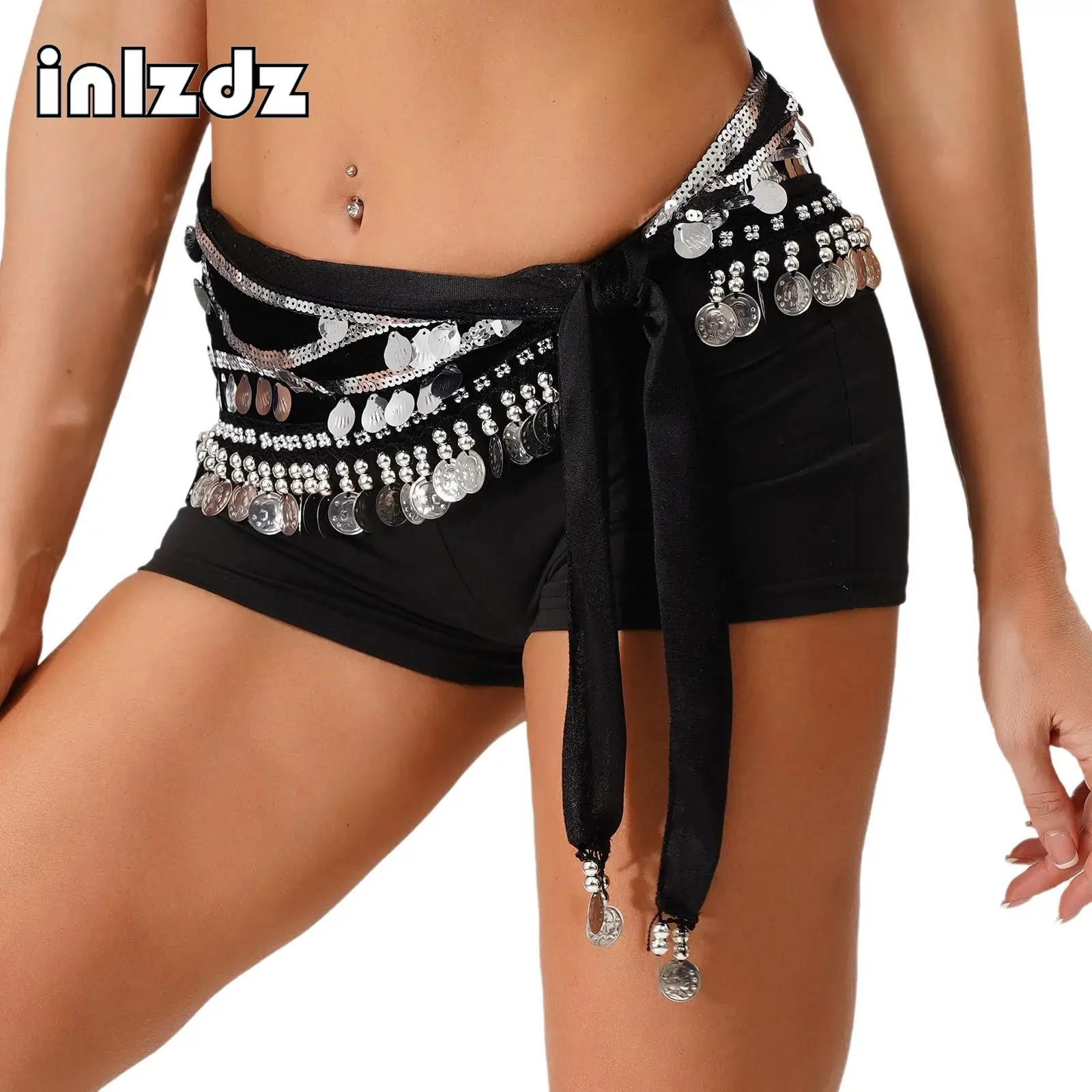 

Women Belly Dance Class Stage Glittery Sequin Tassel Triangle Hip Scarf Sound-making Fringe Wrap Skirt Waist Chain Dance Costume