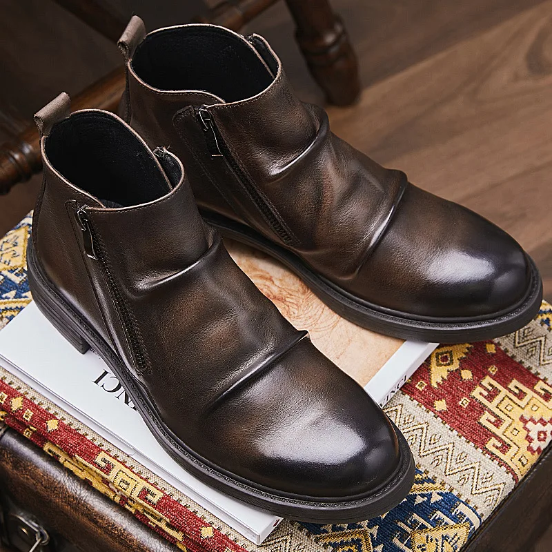 

Men's cowhide Chelsea Boots, Short Toe British Vintage Work Boots, Genuine Leather Motorcycle Ankle Boots with Side Zipper