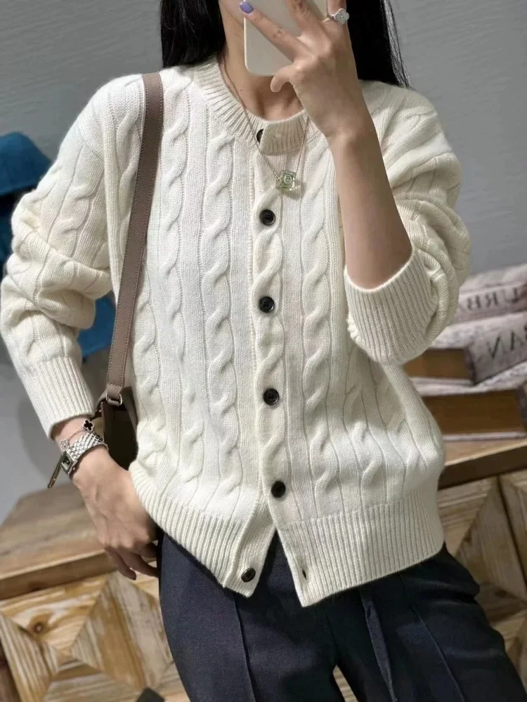 البوب الخريف والشتاء سترة الكشمير المعنقة المرأة Crewneck سميكة تويست سترة فضفاضة وكسول نمط 100% الصوف الخالص محبوك معطف Ti #3