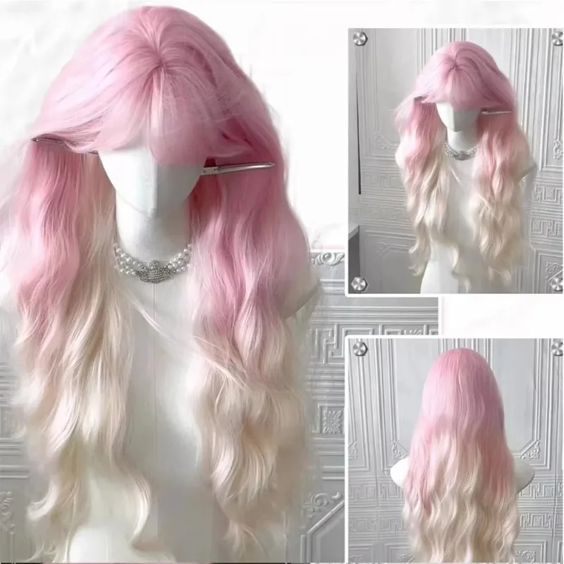 Pink Ombre White Long Wavy Curly Synthetic Wig with Bangs Lolita Women Daily Halloween Role Play