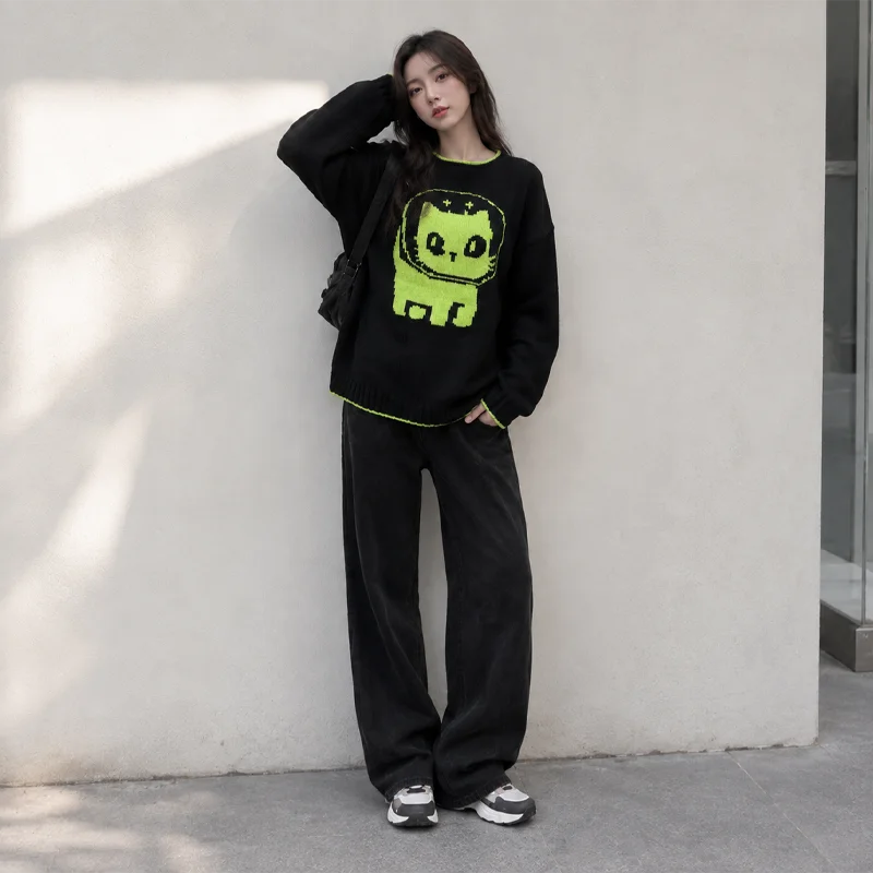 Women Black Green Graphic Knit Sweater Cartoon Cat Crew Neck Pullover Y2K Streetwear Vintage Loose Fit Casual Long Sleeve Jumper