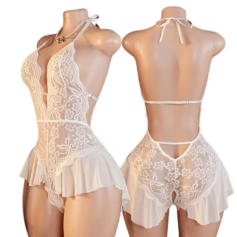 

Прозрачное сексуальное боди, ночная рубашка, цельное белое кружево с вырезами и глубоким V-образным вырезом, горячее нижнее белье для женщин, порно-кукла Тедди, эротический костюм