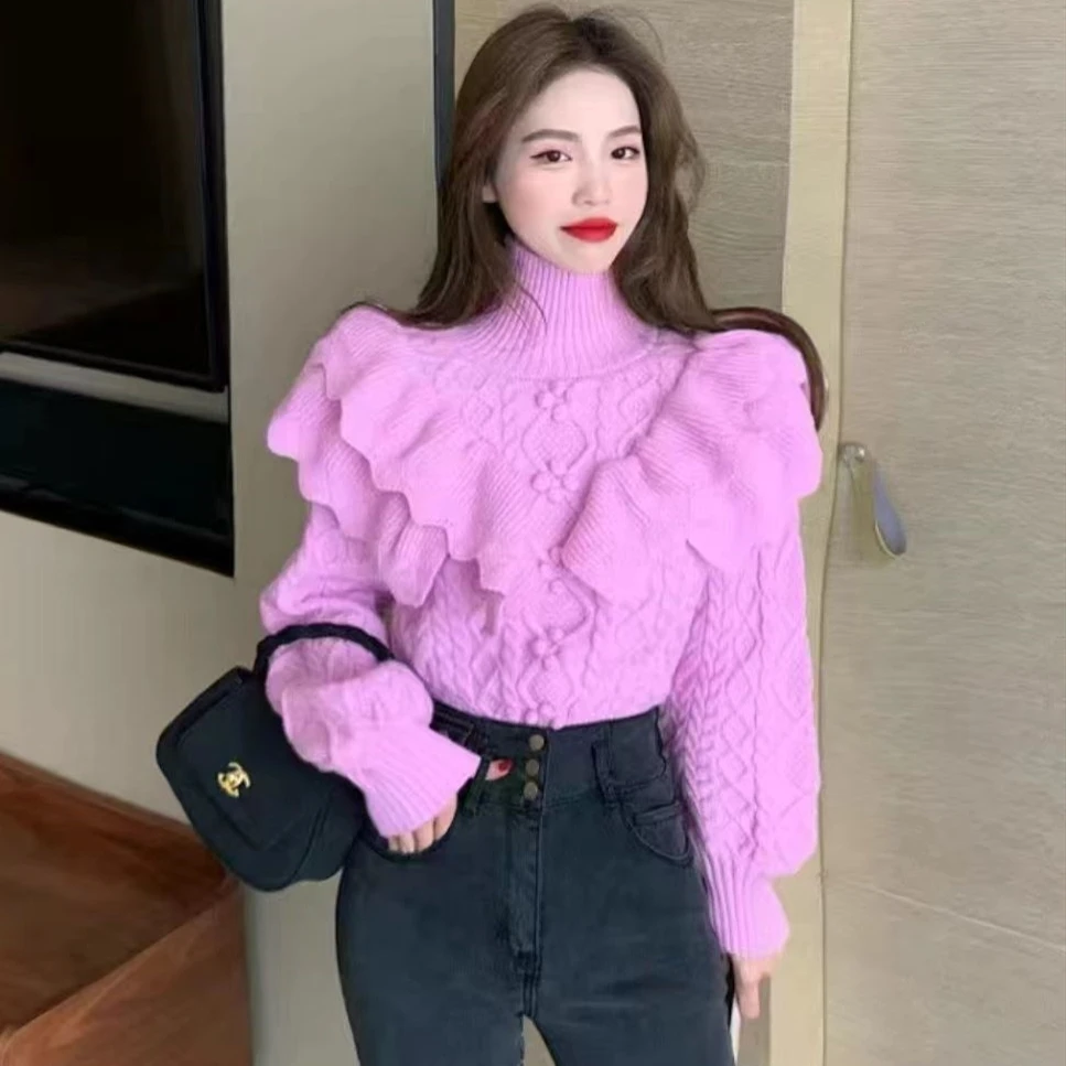 Sweet Ruffles Turtleneck Sweaters Sexy Lady Purple Pink Twists Knitwear Korean Aesthetic Crop Top Warm Winter Jumpers Pullover